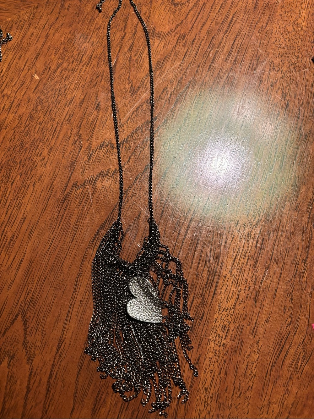 Black Statement Fringe Necklace with Silver Heart Accent